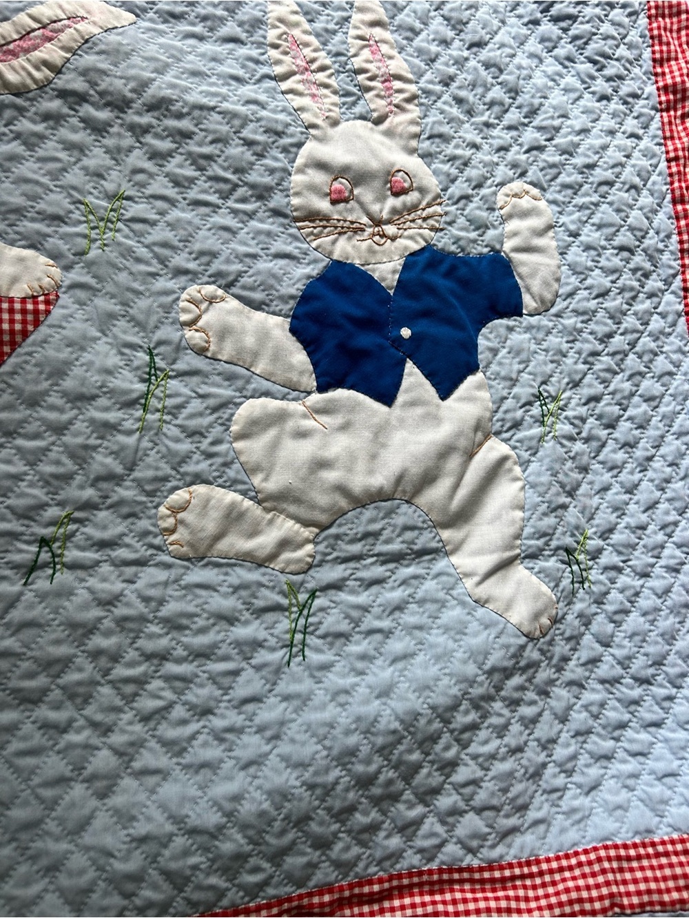 Children's Blue Bunny Appliqué Quilt - Light Blue with Red Accents